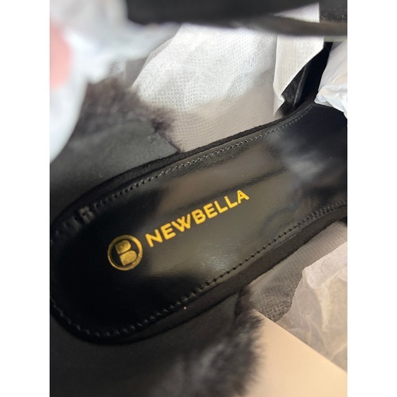 NEWBELLA Black Faux Fur Stiletto Heel Pumps T Strap Pumps - Picture 4 of 6